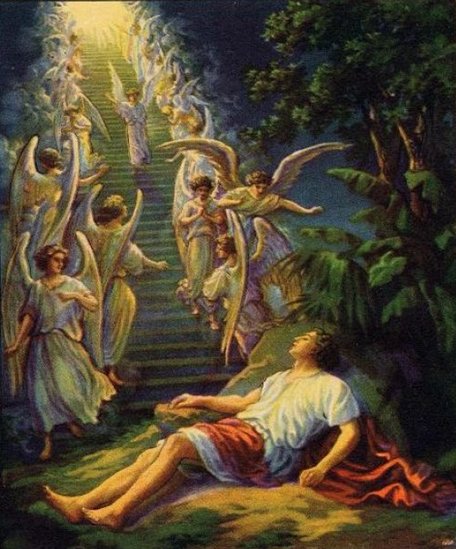 I drømme så han en stige, der stod på jorden; den nåede helt op til himlen, og Guds engle gik op og gik ned ad stigen. 1. Mosebog kap. 28 vers 10 - 12